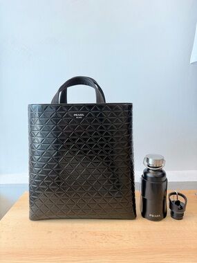 PRADA Tote Bag Water Bottle Leather Black Triangle Pattern